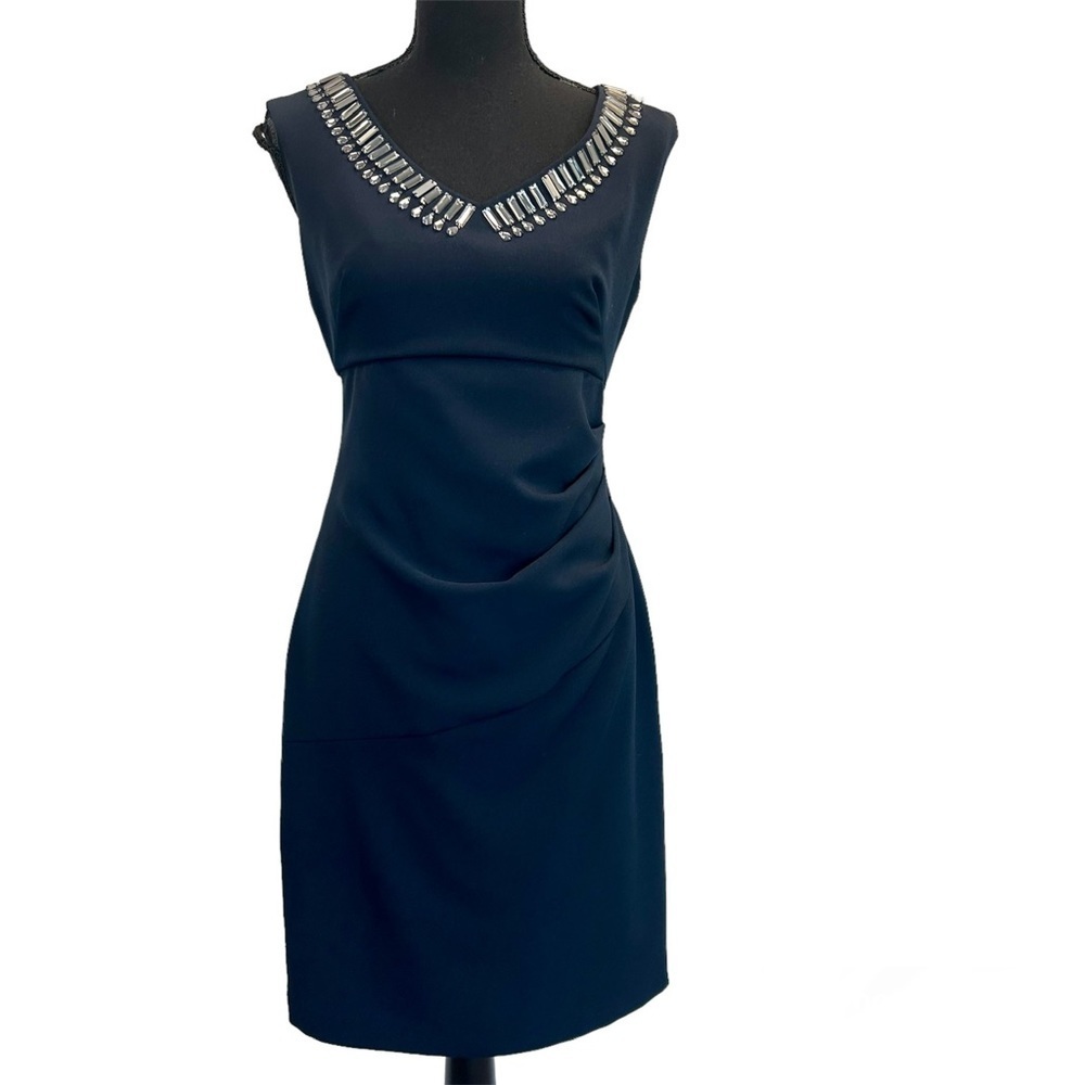 Maggy London navy blue ruched sleeveless bodycon dress jewelled neck collar 4